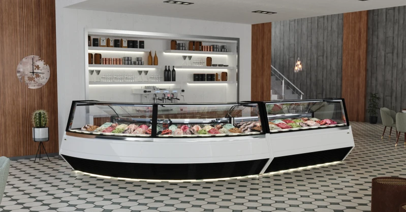 Modernes, auffälliges Design. Die geneigte Frontscheibe erhöht die Sichtbarkeit der Produkte im Inneren, auch aus nächster Nähe.