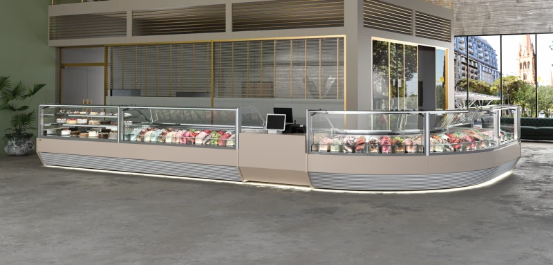 Modern ve klasik mimarilere uyum sağlayan tasarım. İki farklı cam yüksekliği ile sunulmaktadır. Kolay temizlik için üst cam açılabilir. Formu ile müşteri ve tezgahtarın etkileşim verimliliğini arttırıyor. Önü açık polikarbon küvetli “Vision” ve küvet altı LED aydınlatmalı veya “standart” paslanmaz çelik küvet önü serigrafili
cam tasarım